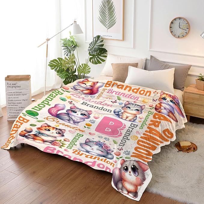 Personalized Custom Cat Blanket Gifts for Kids Boys Girls with Name - Customized Cat Super Soft Lightweight Flannel Sheets Decor for Crib Nap Couch - 60"x80" for Adult