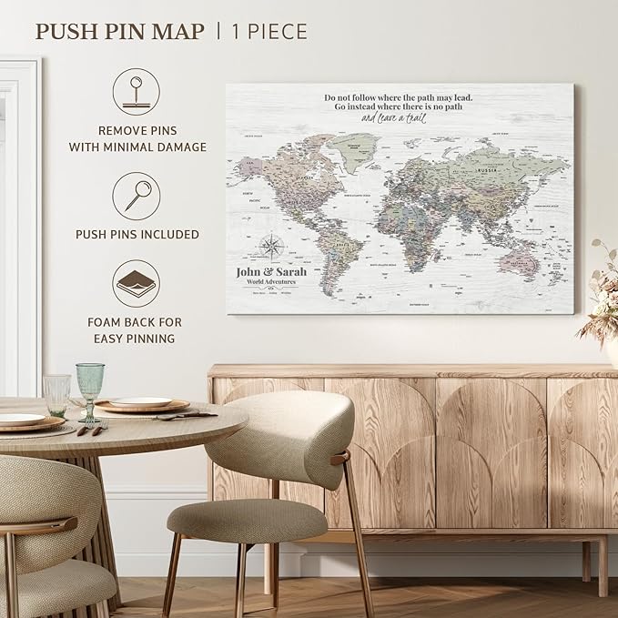 ElephantStock - Personalized Leave A Trail Iii Push Pin World Map Wall Art - Horizontal Canvas Wall Art - Living Room Wall Decor - Digital Art Map Canvas Art - White And Gray Decor - 39" x 26"