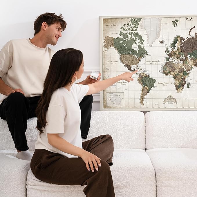 Canvas World Map with Cork Pin Board - English Lettering - Decorative Wall Decoration for All Rooms - Canvas Pictures with World Map Motif (90x60 cm, Pattern 24)