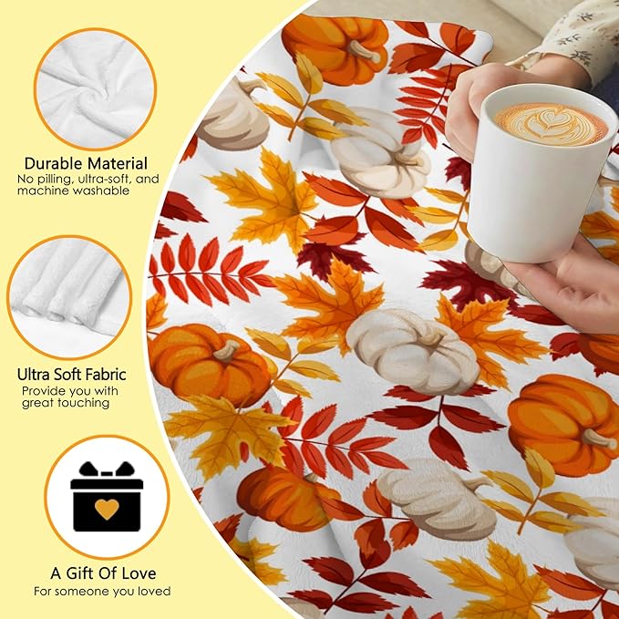 Fall Throw Blanket - Pumpkin Maple Leaf Autumn Blanket - Thanksgiving Fall Decor Gift - Ultra Plush Cozy Lightweight Thanksgiving Pumpkin Blanket for Sofa,Bed,Couch - 40"x50"-Kids/Throw Size