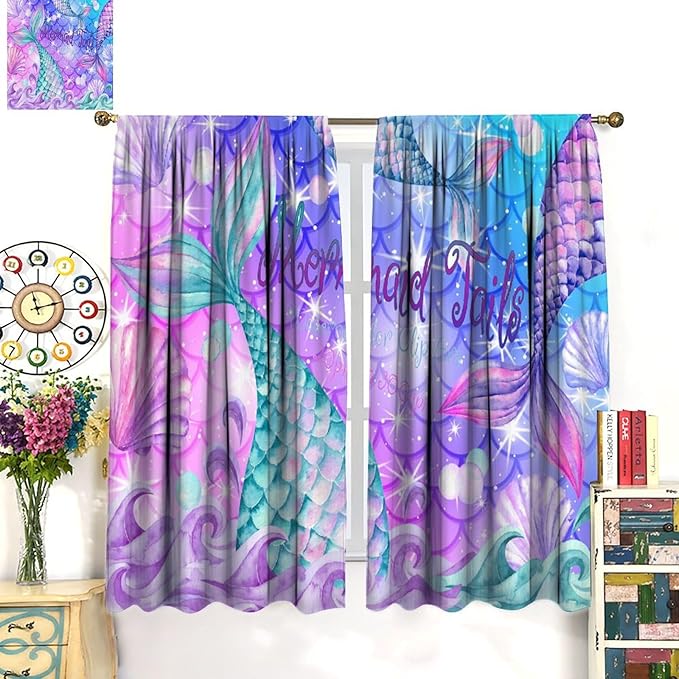Dream Mermaid Curtain Colorful Mermaid Shell Ocean Theme Fantasy Blackout Curtains for Kids Boys Girls Bedroom Nursery Room Decor Rod Pocket Window Drapes 63x72in