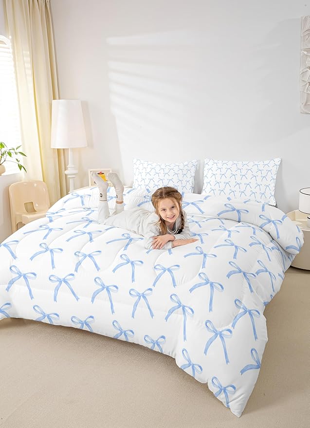 7 Pieces Cartoon Bowknot Kids Comforter Queen Size,Bow Tie Knot Geometric Patchwork Fashion Bedding Set,Hand-painted Sketch Blue Noble（Comforter+Fitted+Flat+2 Pillowcases+2 Throw Pillow Covers）