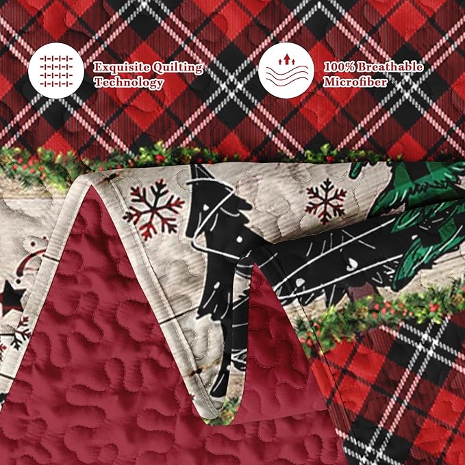 Christmas King Size Quilt Set, Black Red Plaid Lightweight Bedspread Coverlet with Pillow Shams for Kids and Adults, Retro Colorful Pine Tree 3 Pcs Bedding Bed Cover