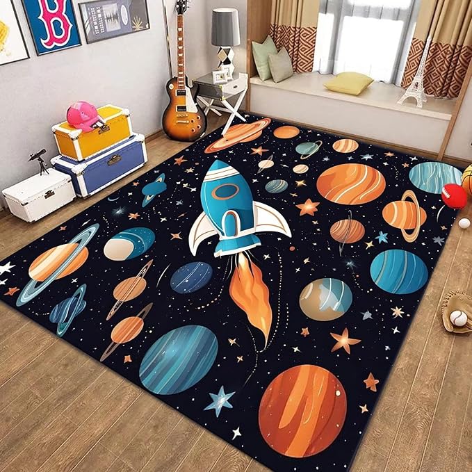 4x5ft Large Space Themed Area Rug - Cartoon Space Solar System Planets Area Rugs, Soft Non-Slip, Machine Washable Polyester Mats, Perfect for Kids Room, Playroom and Nursery, Space Room Decor