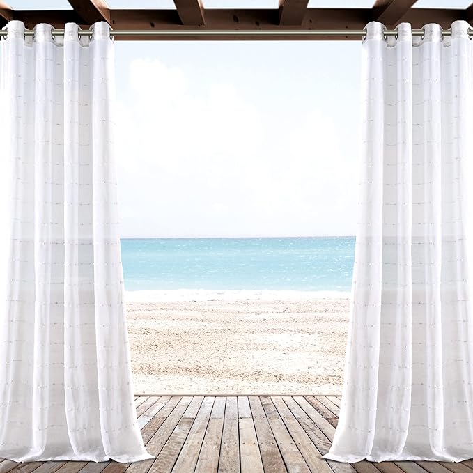 Lush Decor Farmhouse Textured Grommet Sheer Indoor/Outdoor Window Curtain Panel, 50"W x 84"L, Bleach White