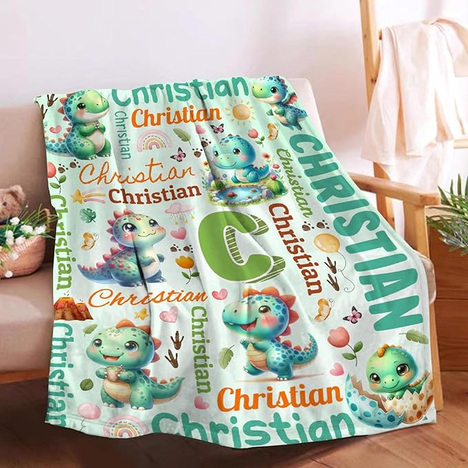 Personalized Custom Green Dinosaur Blanket Gifts for Kids Boys Girls with Name - Customized Green Dinosaur Super Soft Lightweight Flannel Sheets Decor for Crib Nap Couch - 90"x120" for Whole Family