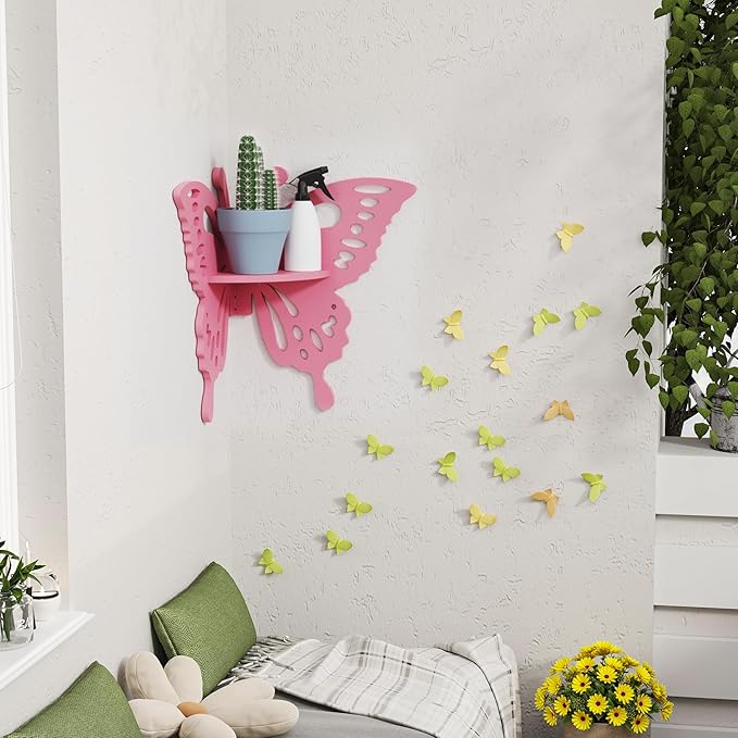 Butterfly Corner Shelf Nursery Wall Deor Floating Corner Shelf for Kid’s Room, Small Cute Decorative Shelf Wall Mounted, Pink Hanging Hollow Out Shelf for Toys, Plants and Decorations Storage, Pink