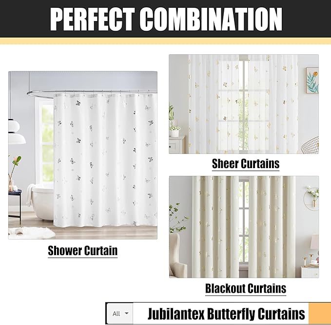 Jubilantex Butterfly White Sheer Curtain Panels for Kids Nursery Girl, Gold Print Toddler Linen Textured Voile Rustic Rod Pocket Drapes 63 Inch for Farmhouse, Living Room, Bedroom, 2 Panels