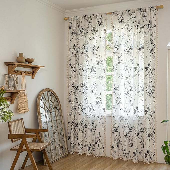 ENJOYBRIDAL Floral Curtains 63 Inches Long Semi Sheer Living Room Drapes Boho Bedroom Rod Pocket Short Window Curtain Panels Cute Patterned Light Filtering Farmhouse 2 Panels Window Treatments
