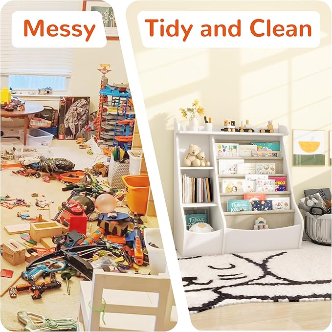 FKWin White Kids Bookshelf with 4 Layer Sling Bookcase,Deer Design Toddler Book Shelf for Kids Rooms Montessori Toy Storage with Adjustable Shelves