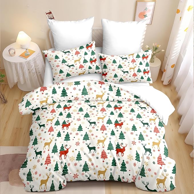 Christmas Duvet Cover Twin Size Green Christmas Tree Bedding Set Kids Boys Girls Xmas Deer Pattern Comforter Cover 2 Pcs with Zipper Closure (No Comforter)