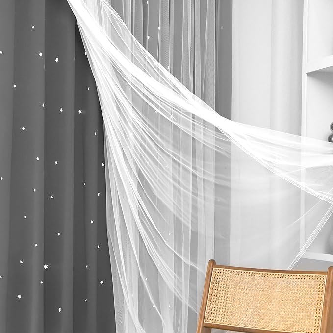 Kinryb Kids Blackout Curtains for Bedroom/Living Room/Classroom, Sheer Overlay 2 Panel Set, Double Layer Curtains with Star Cutout for Kids Room(Each Piece W 70 x L 95 Inches 2 Pcs Grey)