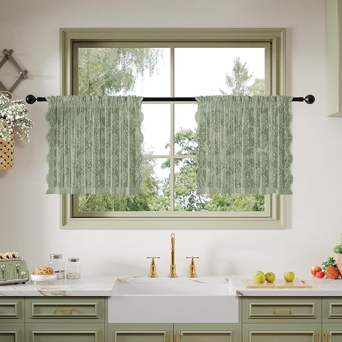 Anmao Vintage Lace Kitchen Curtains 24 Inches Long 2 Panels, Romantic Semi Sheer Floral Over Sink Lacy Cafe Curtain, Elegant Window Short Small Drapes, 55W x 24L, Sage Green