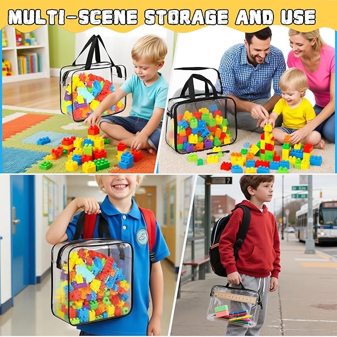 6PCS Toy Storage Bags, Clear Waterproof Toy Organizer Bags with Labels, Suitable for Storing Building Blocks, Puzzles, Stationery, and Books (6PCS L: 11.8 * 8.66 * 3.9Inch)