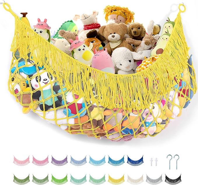 Stuffed Animal Hammock - Extra Large 63'' Long, Stuffed Animal Storage, stuffed animal Holder net, Toy Hammock Large, Toy Storage Hanging Organizer - Lemon yellow