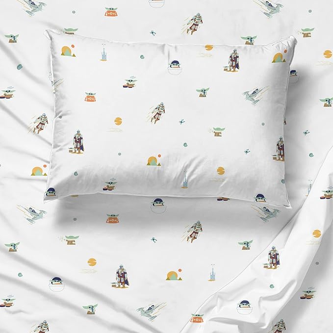 Sunny Side Up Kids Sheet Set with Fitted, Flat Sheets & Pillow Cover - Ultra-Soft Bedding with Pillowcase for Room Decor, White - The Mandalorian, 4 Piece Full