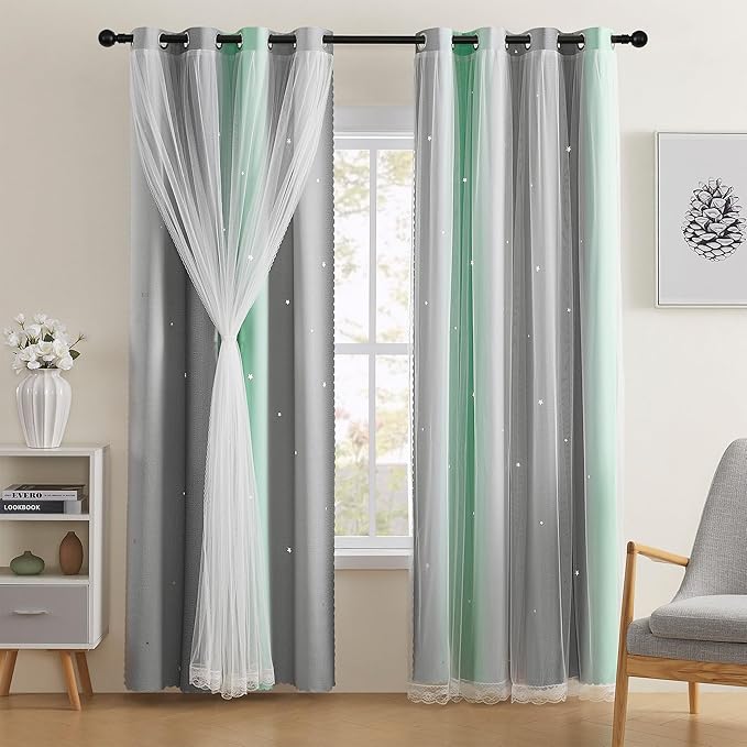 XiDi Green Grey Curtains for Girls Bedroom 2 Panels Set, Blackout Rainbow Curtains for Kids Room Decor, Unicorn Wall Decals Drapes for Little Girl Nursery Room 52 Inches Wide 72 Inches Long