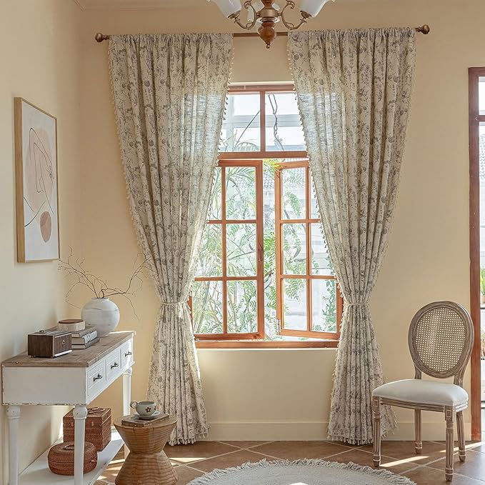 ENJOYBRIDAL Floral Curtains 84 Inch Long Vintage 2 Panels Drapes Rod Pocket Semi Sheer Rustic Bedroom Window Curtain Panels Boho Tassel Living Room Farmhouse Botanical Window Treatments