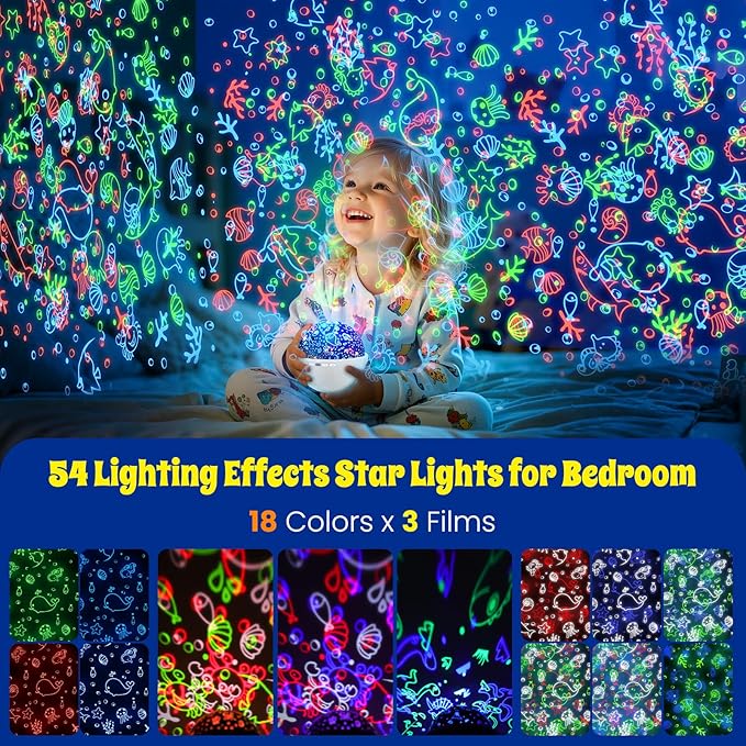 Night Light Projector,Night Light for Kids Room with Remote and Timer,360° Rotation,3 Projection Films,18 Light Modes,8 Lullaby Songs,Kids Night Lamp, Birthday Christmas Gifts for Boys Girls (white)