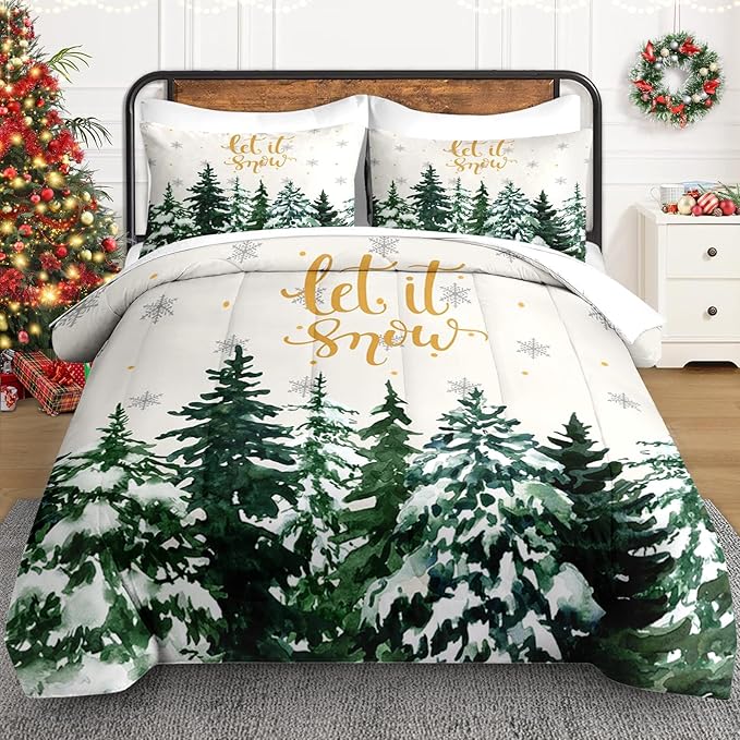 7 Pcs Queen Size Christmas Comforter Set with 2 Pillowcases & 2 Shams, Countryside Nature Snowy Bedding for Kids and Adults, Winter Forest Green Pine Tree Bed in a Bag with Flat Fitted Sheet