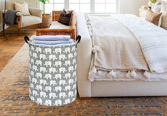 KUNRO Round Laundry Gift Basket Storage Hamper, Kids Toys and Clothes Storage Organizer Bins, Toy Shelf Basket with Handles for Room Decor (Elephant)