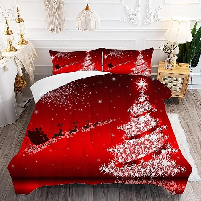 kxry Merry Christmas Comforter Set Santa Claus Deer Christmas Tree Galaxy Red Bedding Quilt Twin Size for Girls Boys Kids 1 Comforter + 1 Pillow Case