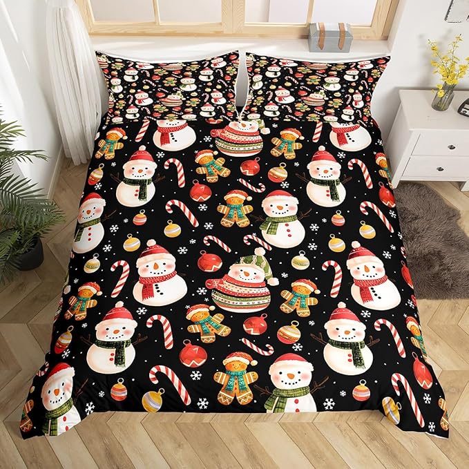 Feelyou Merry Christmas Duvet Cover Twin Size Gingerbread Man Snowman Comforter Cover for Boys Girls Candy Cane Bell Xmas Decor Bedding Set 2Pcs Reversible Xmas Decor Room Decor