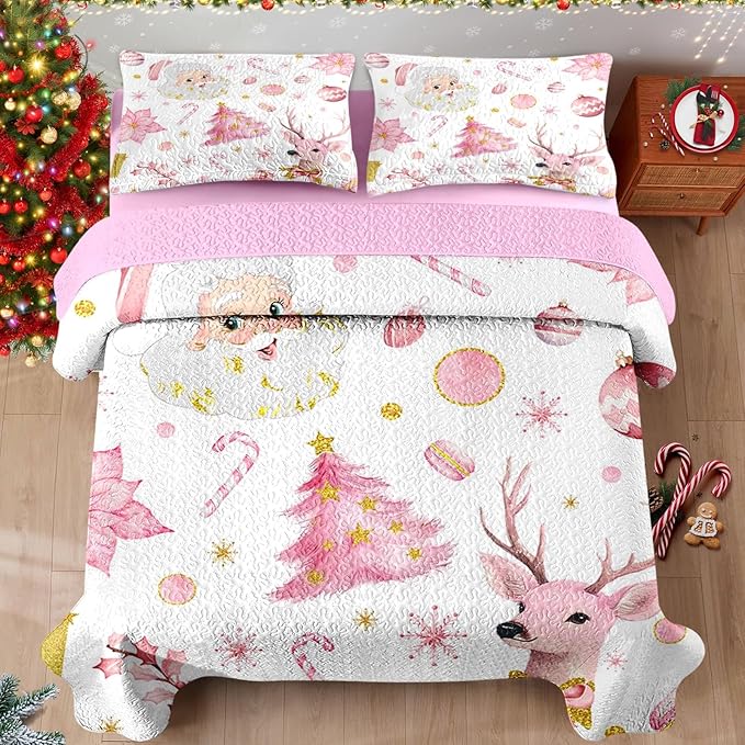 Christmas King Size Quilt Set, Pink Winter Funny Santa Claus Lightweight Bedspread Coverlet with Pillow Shams for Kids and Adults, Cute Reindeer Plants 3 Pcs Bedding Bed Cover