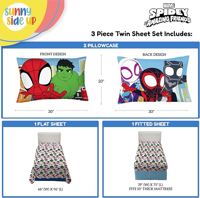 Sunny Side Up Spidey & His Amazing Friends Twin Sheet Set - 3 Piece Kids Bedding Set Includes Pillow Cover - Super Soft Superhero Microfiber Sheets Features Miles Morales & Ghost Spider
