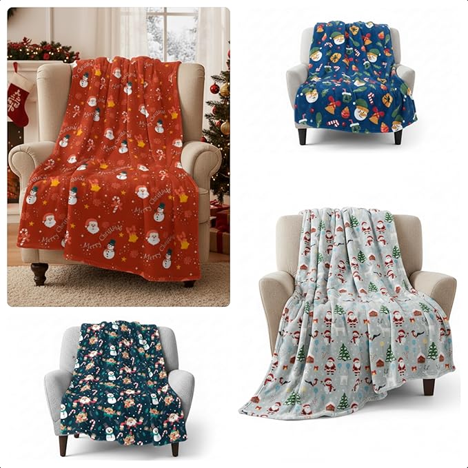 Buryeah 4 Pack Christmas Throw Blankets Bulk Snowman, Igloo, Santa Claus, Bells, Xmas Tree Soft Cozy Christmas Plush Flannel Blanket for Sofa, Bed, Couch, Home Decor Xmas Supplies, 40 x 50 Inches