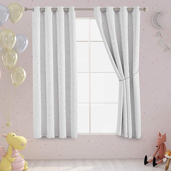 LORDTEX Dinosaur and Star Foil Print Blackout Curtains for Kids Room - Thermal Insulated Curtains Noise Reducing Window Drapes for Boys and Girls Bedroom, 52 x 63 Inch, Greyish White, 2 Panels