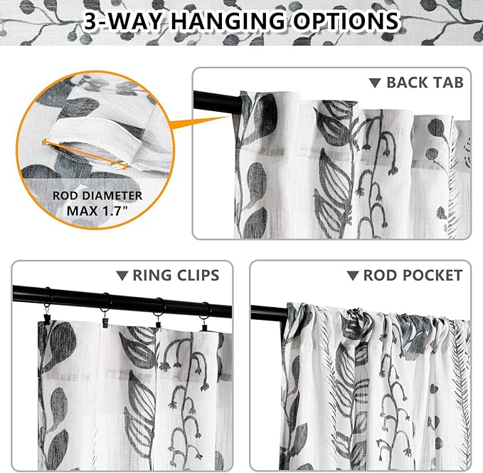 MEETSKY Curtains 63 Inches Long Boho Linen Style Curtains for Living Room Semi-Sheer Back Tab Farmhouse Drapes Light Filtering Bohemian Rod Pocket Window Curtain, 50” Wide Each Panel, 2 Panels