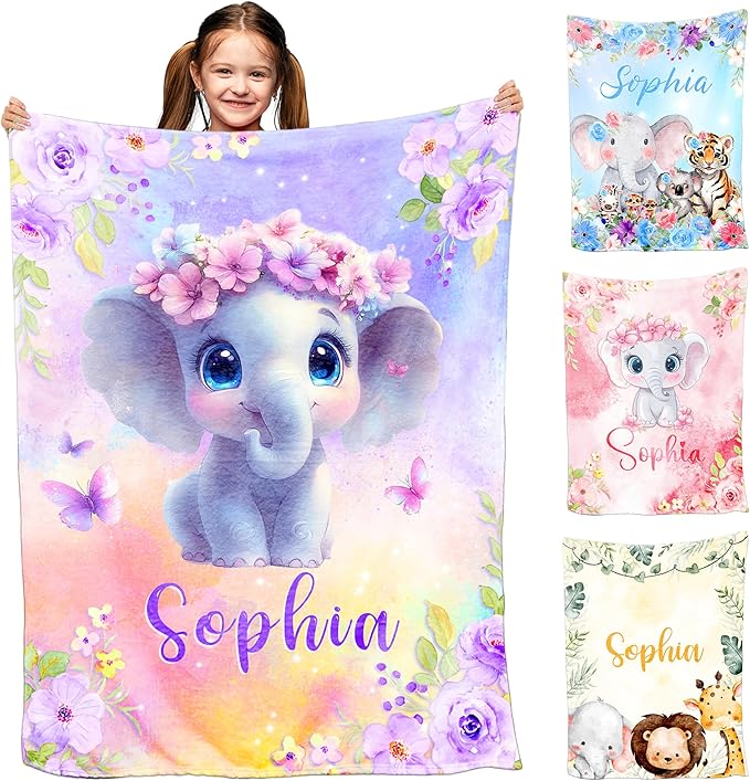 Ship Next Day, Custom Name Blanket for Baby Girls Boys, Cute Elephant Blankets- Printed in USA, Personalized Baby Blankets for Kids Teens, Christmas Birthday Blanket Gifts for Daughter Son