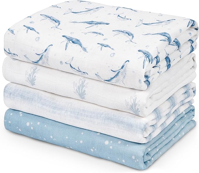 Muslin Swaddle Blankets for Newborn, 4 Pack Cotton Baby Blankets for Boys, Large 31.5 x 43.3 Breathable Soft Receiving Blanket, Essentials Swaddle Wrap Burping Clothes, Blue Whale