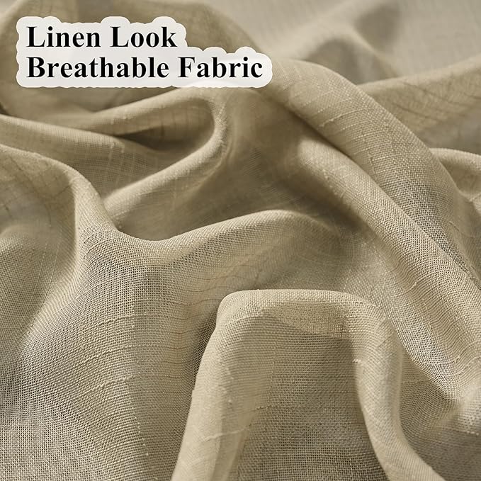 Taupe Sheer Curtains 84 Inches Long, Neutral Linen Look Textured Light Filtering Drapes Decor, Tan Beige Transparent Window Treatments, Rustic Pinch Pleat Curtain with Hooks