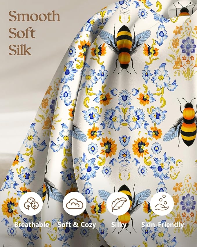 Silk Pillowcase 2 Pack - Cute Pillow Cases 20" x 26" Standard Size Set of 2 for Hair and Skin Smooth Soft Breathable with Hidden Zipper Cooling Pillow Covers for Sleeping, Flower Bee