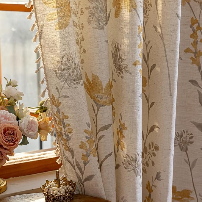 ENJOYBRIDAL Yellow Floral Curtains 84 Inch Length 2 Panels Set Living Room Floor Length Drapes Bedroom Boho Farmhouse Semi Sheer Window Curtain Panels Rod Pocket Tassel Dining Room Window Treatments