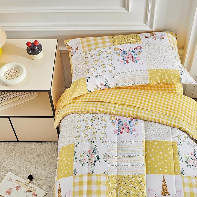 Joyreap 4 Piece Toddler Bedding Set for Girls- Butterflies Flowers Yellow n White Patchwork Design, Microfiber Toddler Bedding Comforter Set for All Seasons