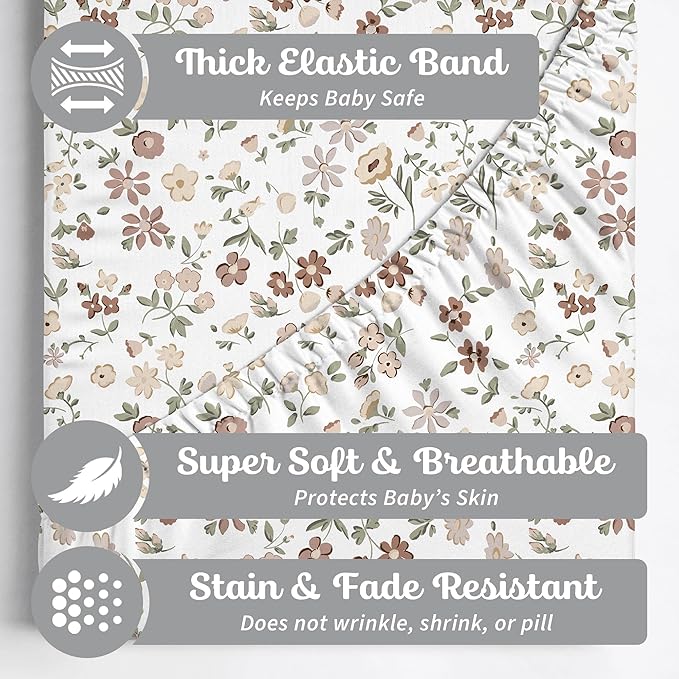 Pack and Play Sheets Fitted, Mini Crib Sheets for Graco Pack N Play Playard (38x26), Ultra Soft Organic Cotton Blend, Safe & Snug Playpen Mattress Sheet for Baby Boys & Girls – Fleurette, 2-Pack