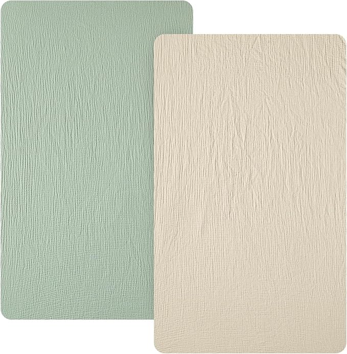 david's kids Muslin Mini Crib Sheets, 2 Pack Cotton Pack N Play Sheets for Boys Girls Neutral, Soft Breathable Baby Sheets Fit Pack N Play, Playard and Mini Crib Mattresses, Oat Milk & Sage Green