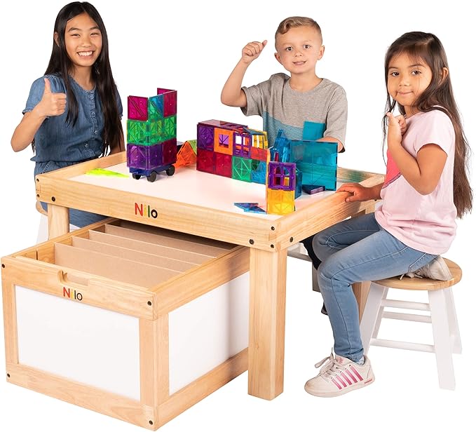NILO Kids Play Table Set with 2 Compatible Lego Duplo Detachable Two-Sided Baseplates/Boards/Mats (N34 Activity Table Without Holes, 24x32x20 and 2X Green Base Plates 12x32)