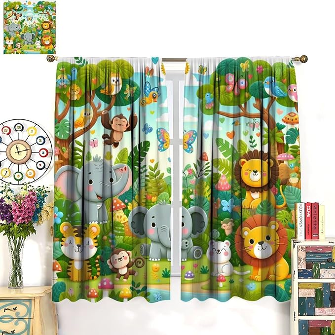 Cartoon Animals Curtain Jungle Forest Elephant Lion Butterfly Floral Print Curtains for Kids Boys Girls Nursery Baby Bedroom Playroom Home Decor Window Drapes 52" W X 84" L