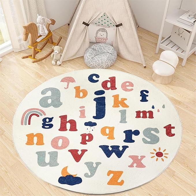 ABC Round Rug,4ft,Children's Educational Learning Area Rug, Colorful Alphabet Kindergarten Area Rug, Soft Fluffy Faux Cashmere Baby Crawling Mat for Living Room, Bedroom, Children's Room
