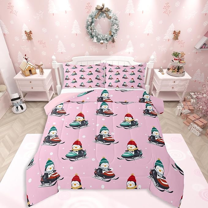 Feelyou Christmas Kids Comforter Set King Size Pink Penguin Bedding Set Cartoon Penguin Skiing Duvet Quilt for Kids Boys Girls Bedroom Snowflake Decor Microfiber Ultra Soft Breathable