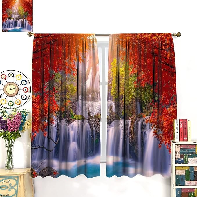 Forest Waterfall Blackout Windows Curtains, Autumn Red Green Maple Leaves Jungle Rainforest Natural Scenery Landscape Curtains, for Living Room Bedroom 52x84in 2 Panels