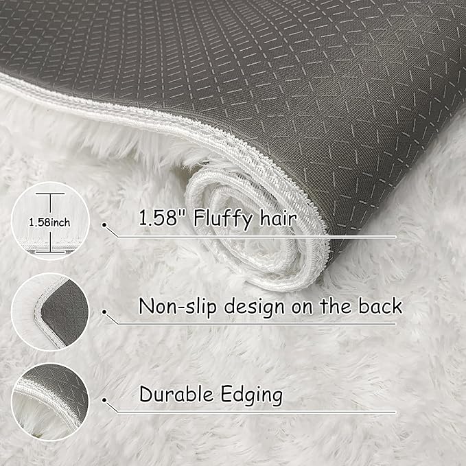 White Fluffy Rug for Bedroom Living Room, 2x3 Small White Area Rug Furry Throw Bedside Rug for Dorm, Non-Slip Entryway Indoor Front Door Mat, Soft Plush Shag Carpet Washable for Nursery Kids