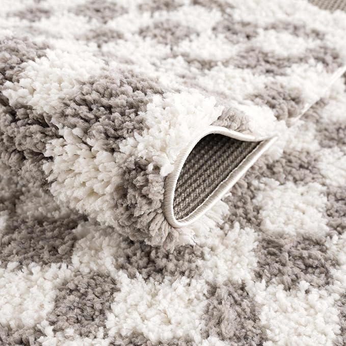 Hauteloom Kieu Contemporary Checkered Fluffy Shag Area Rug - Modern Geometric Soft Carpet Tiles for Living Room, Kids Room, Nursery - Gray, Light Grey, White - 7'10" x 10'