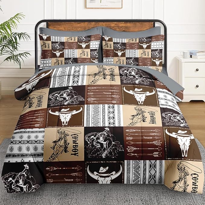 5 Pcs Twin Size Comforter Set with Pillowcase & Sham, Cowboy Vintage Brown Bedding for Kids and Adults, Western Bed in a Bag with Flat Fitted Sheet