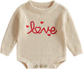 Lesimsam Newborn Baby Boy Girl Valentines Day Outfit Oversized Embroidery Long Sleeve Knit Sweater Bubble Romper Bodysuit