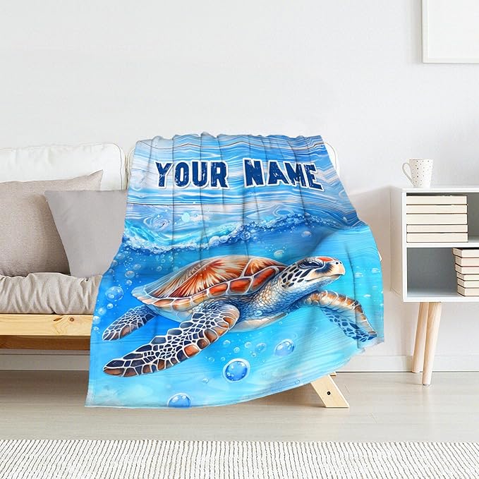 Personalized Turtle Stuff for Kids - 30" x 40" Inches Cute Throw Blanket for Girls Boys - Blue Lightweight Furry Blankets for Sofa, Lap & Office